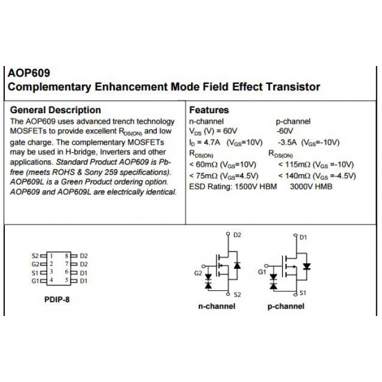 ขาย P609 AOP609 Effect Transistor ราคา 25.00 บาท ในไทย