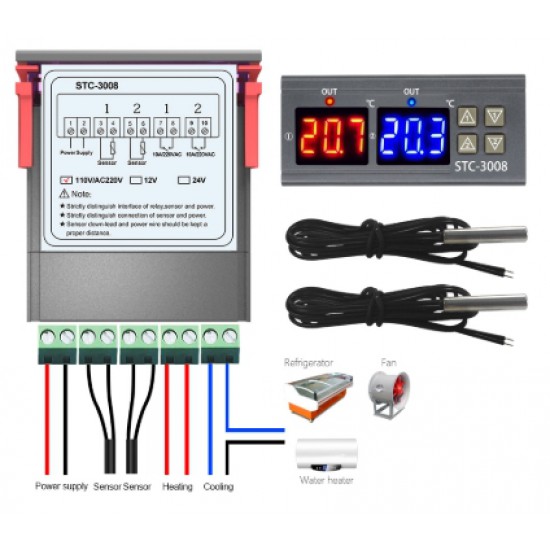 ขาย STC3008 (STC-3008) เครื่องควบคุมอุณหภมูิ 2 ช่อง 220VAC ราคา 220.00 บาท ในไทย