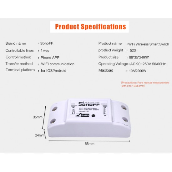 ขาย Sonoff Smart Wifi Controller ควบคุมอุปกรณ์ทางไกลด้วยโทรศัพท์มือถือ  ราคา 270.00 บาท ในไทย