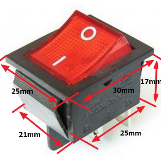 ขาย Switch ON/OFF 6PIN 250V 15A KCD2 สีแดง ราคา 20.00 บาท ในไทย