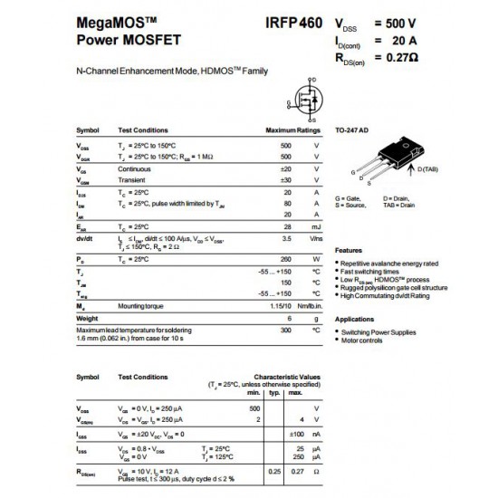 ขาย IRFP460 MOSFET N Channel ราคา 55.00 บาท ในไทย