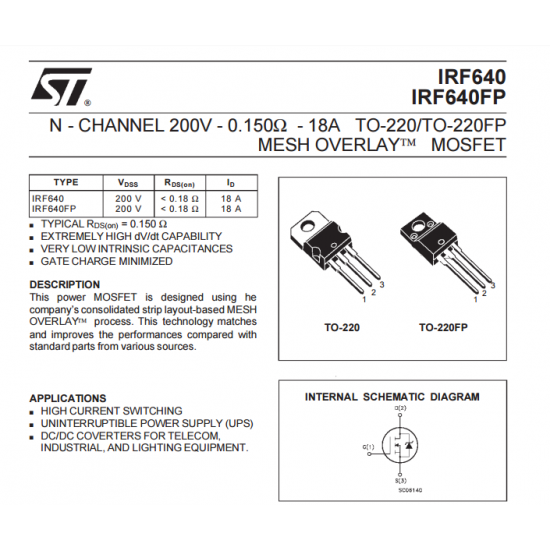 ขาย IRF640N MOSFET ราคา 18.00 บาท ในไทย
