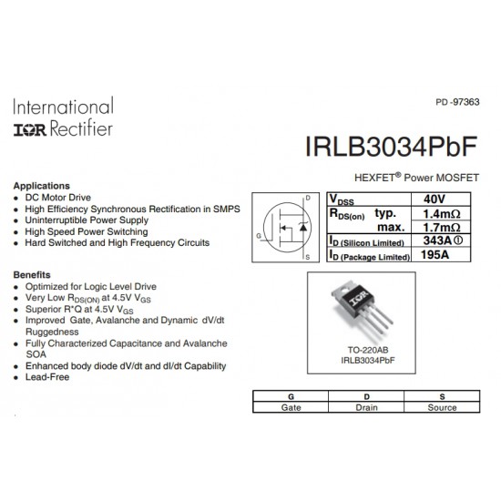 ขาย Mosfet IRLB3034 ราคา 24.00 บาท ในไทย