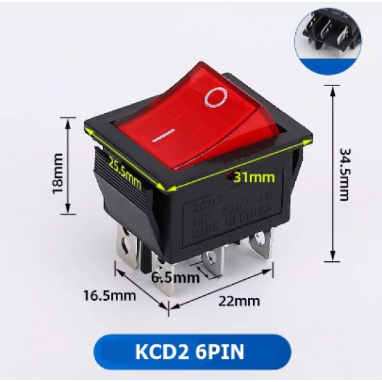 ขาย Switch ON/OFF 6PIN 250V 15A KCD2 สีแดง ราคา 20.00 บาท ในไทย
