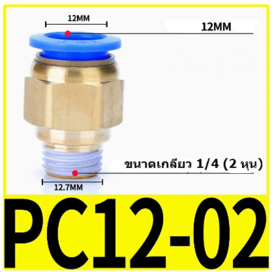 ขาย Fitting ข้อต่อลม 12mm เกลียว 1/4" (2หุน)  PC12-02 ราคา 13.00 บาท ในไทย