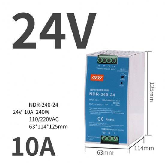 ขาย power supply DIN ใส่ตู้คอนโทรล  24V 10A  NDR-240-24 ราคา 1,300.00 บาท ในไทย